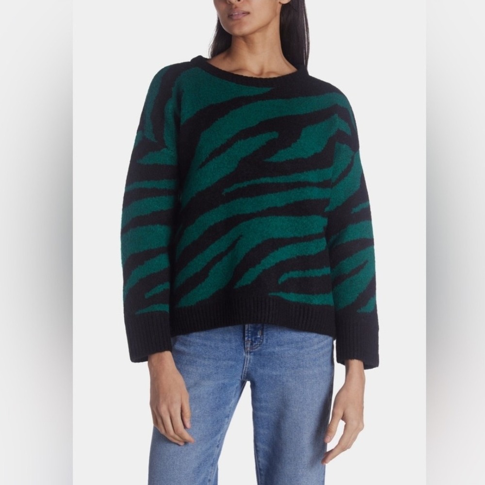 SPRING + MERCER Womens‎ Black Green Zebra Print Crew Neck Sweater XS